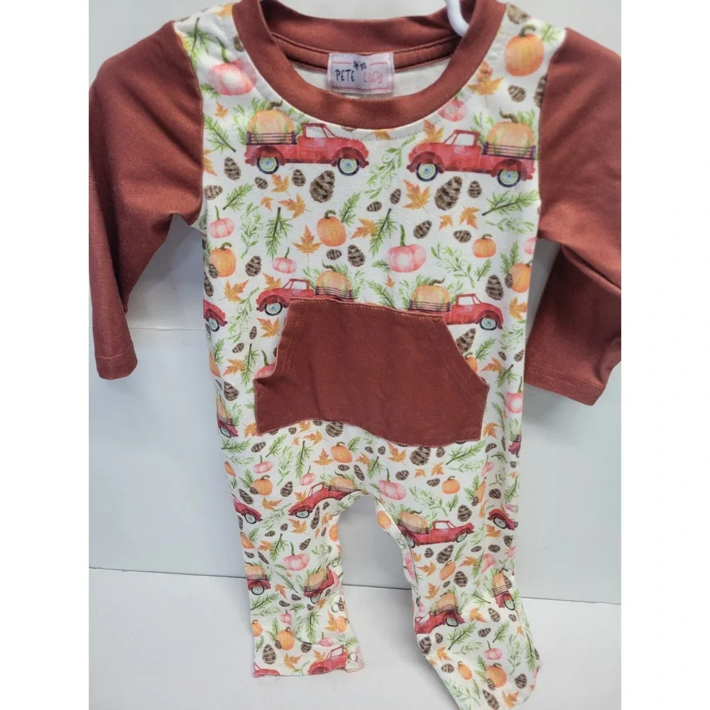 Pete + Lucy Kids Harvest Red Truck Pumpkin‎ Fall Romper Rust 6-9M